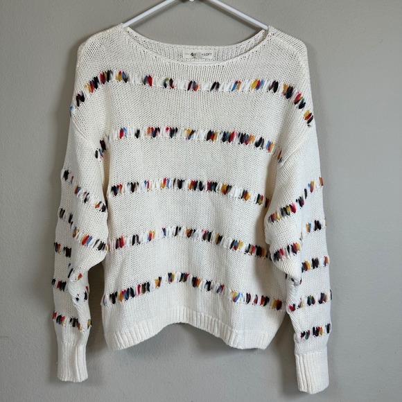 Lou And Grey Sweaters - Lou & Grey LOFT Rainbow Stitch Cream Knit Sweater Medium Casual Preppy